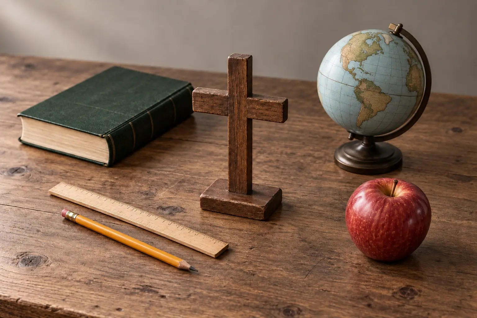 A wooden cross on a school desk with a book, an apple, a globe, a pencil and a ruler